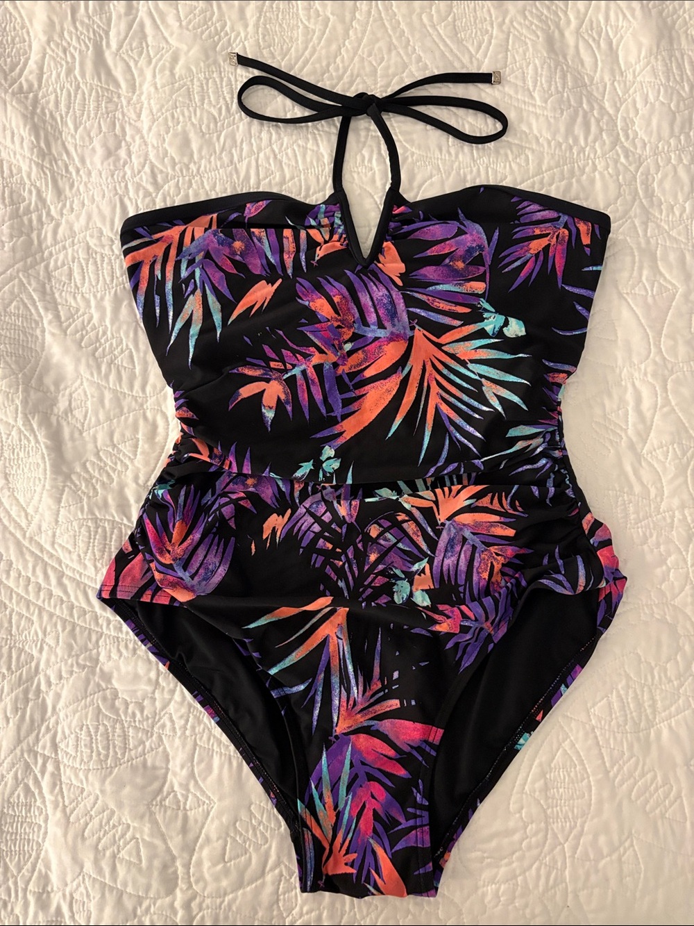Calvin Klein Black One-Piece Swimsuit with Purple, Teal & Coral Leaf Print